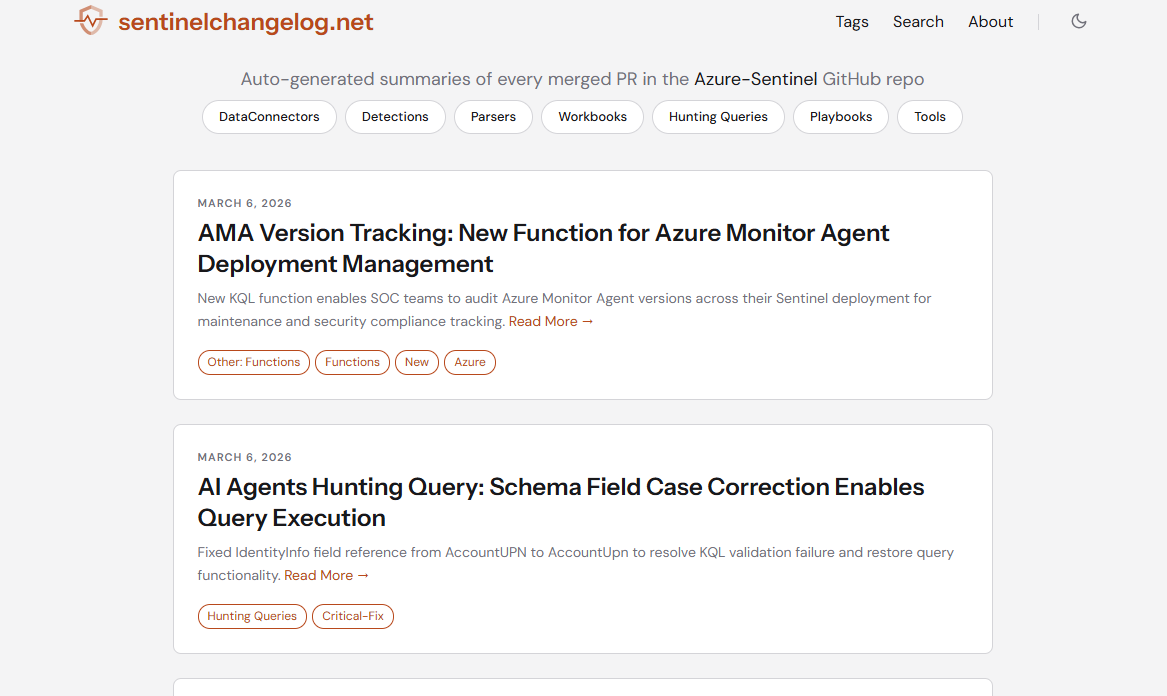 sentinelchangelog.net screenshot